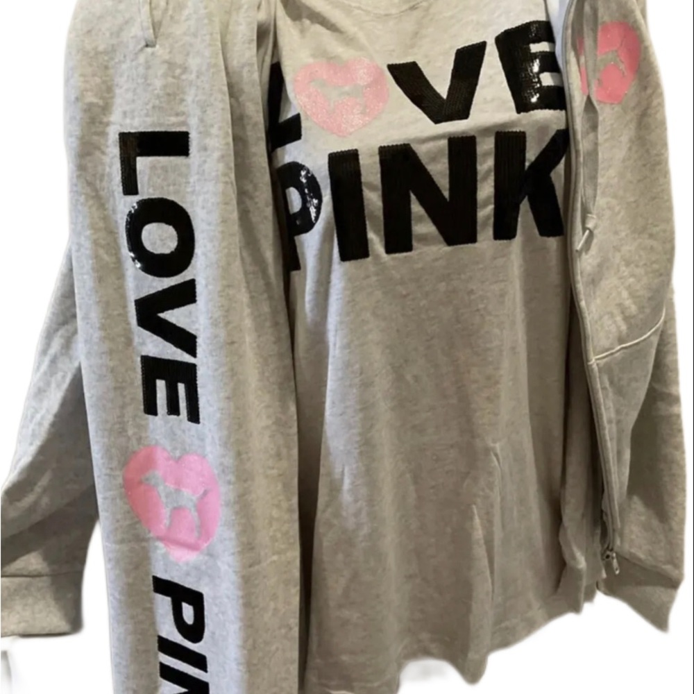 NEW VICTORIAS SECRET PINK  BLING SEQUIN SET FULL ZIP HOODIE & PANTS - Picture 15 of 15